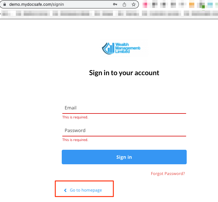 MyDocSafe bespoke portal login page