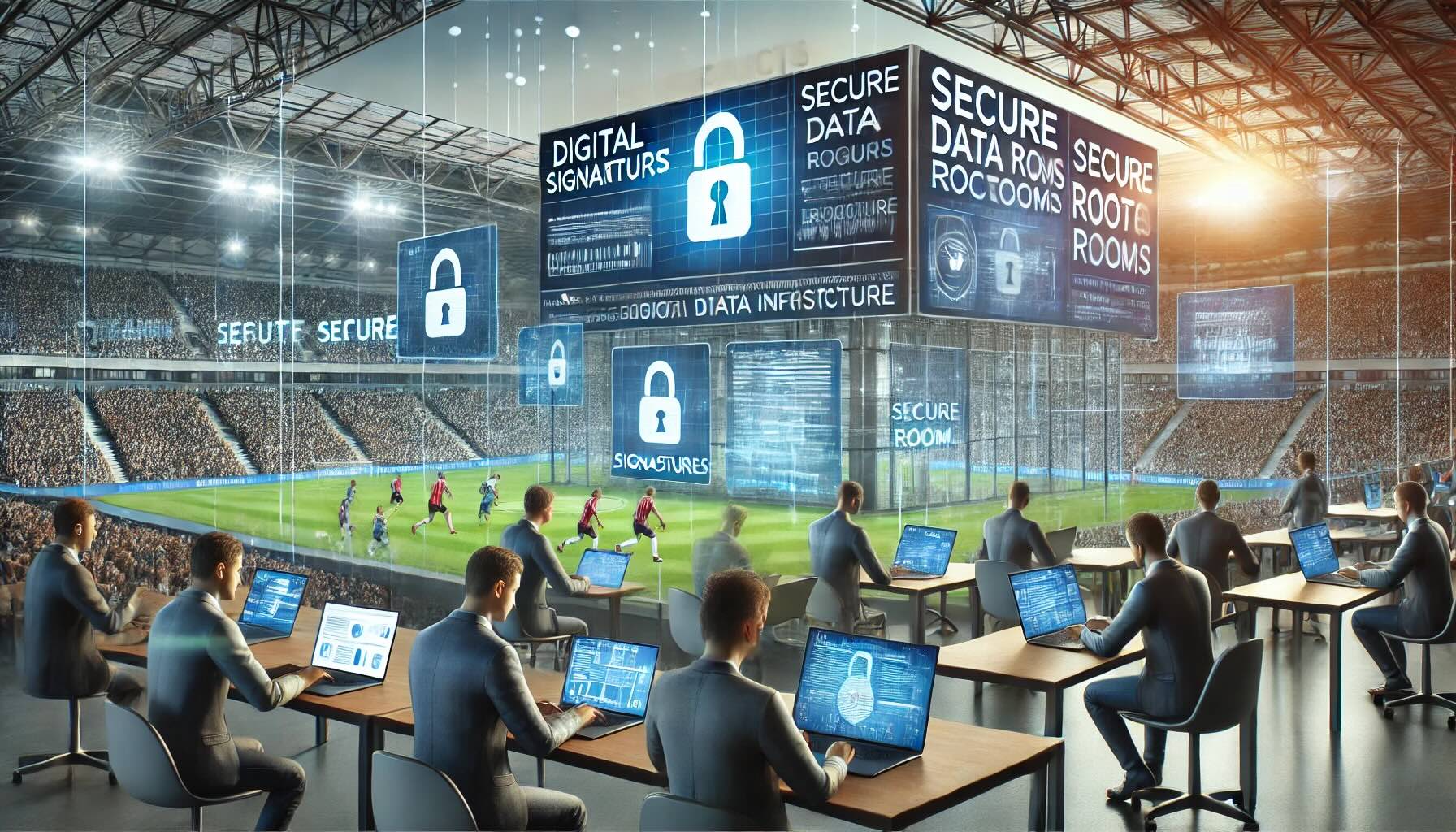 People-using-laptops-and-tablets-to-manage-contracts-digital-signatures-being-applied-secure-data-rooms-on-computer-screens